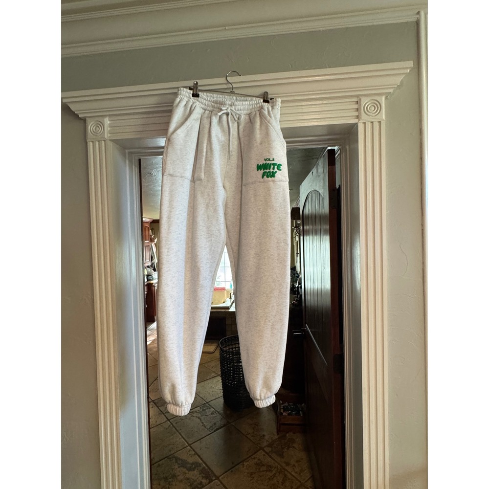 White Fox Boutique Vol 3 Grey Marl Sweatpants Green Logo Joggers Womens L/XL